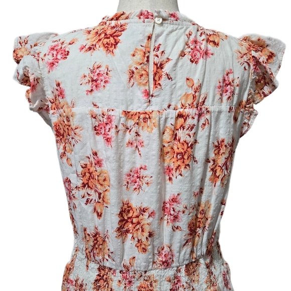 LOFT Floral Smocked Waist Tiered Dress Size Large White Orange Ruffle Cap Sleeve - Picture 7 of 14